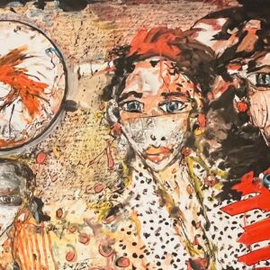 Drei Figuren mit Vogel im Kreis